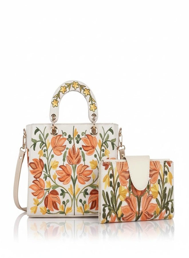 EVEDA Floral Embroidered Handbag with Gold Accents, White PU Leather Shoulder Bag with wallat Flowers, Detachable Strap Combo (Cream) - Image 2